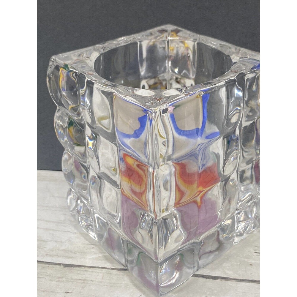 Square Cut Bubble Glass Votive Crystal Candle Holder With Colorful Swirl Candle - Picture 1 of 11